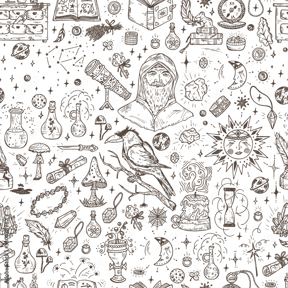 Alchemy Seamless pattern. Endless background with Hand Drawn Doodle Magic alchemical Symbols Alchemy Seamless pattern. Endless background with Hand Drawn Doodle Magic alchemical Symbols