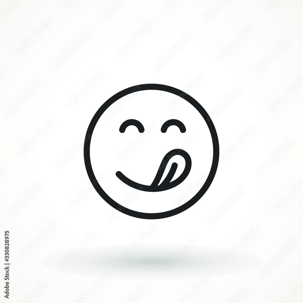Yummy smile emoticon icon lick mouth. Editable strok Tasty food eating emoji face. Delicious cartoon on white background. Smile face line design. Savory gourmet. Yummy vector icon Yummy smile emoticon icon lick mouth. Editable strok Tasty food eating emoji face. Delicious cartoon on white background. Smile face line design. Savory gourmet. Yummy vector icon