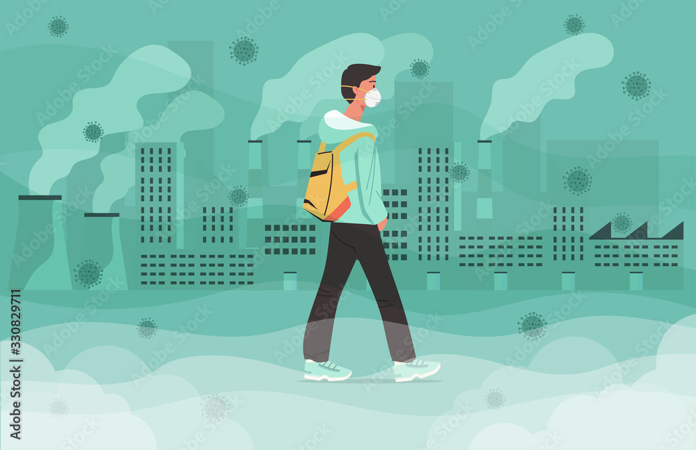 man walking in the city and wearing n95 mask to protect yourself virus  spreading, flu prevention, air pollution, coronavirus protection, new normal  concept, character cartoon vector flat illustration Stock Vector | Adobe