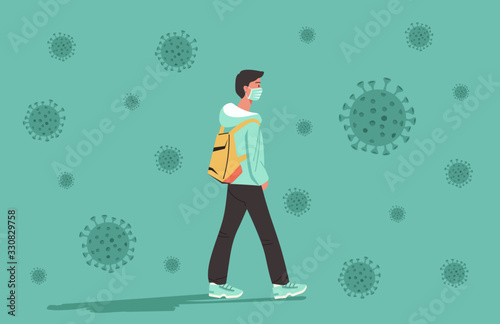 man walking in the city and wearing medical face mask to protect yourself from virus spreading, flu prevention, coronavirus quarantine, new normal concept, character cartoon vector flat illustration