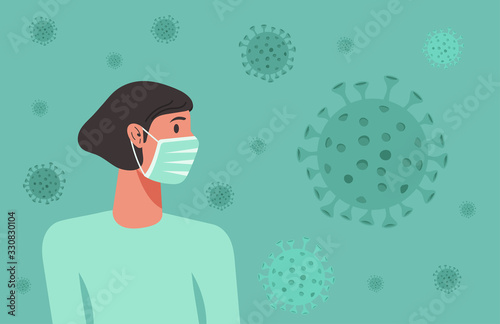 woman wearing surgical or medical face mask to protect from virus spreading, flu prevention, coronavirus quarantine, new normal concept, character cartoon vector flat illustration