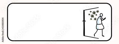 Corona virus covid 19 self isolate stickman infographic. News broadcast quarantine support. Medical healthcare graphic clip art. Banner black white. Viral isolation information. Caution support help