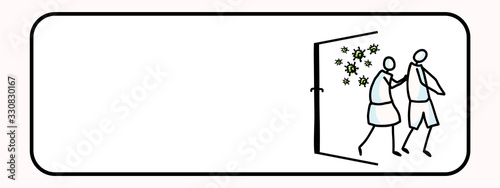 Corona virus covid 19 self isolate family  infographic sign. News broadcast quarantine support. Medical healthcare poster. Banner black white. Viral isolation information. Caution support help