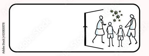 Corona virus covid 19 self isolate family  infographic sign. News broadcast quarantine support. Medical healthcare poster. Banner black white. Viral isolation information. Caution support help