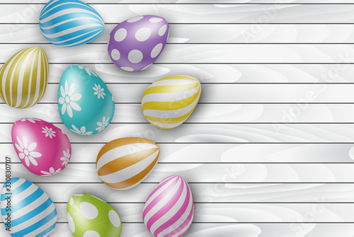 Easter poster. Wooden background with colorful eggs. Vector illustration.