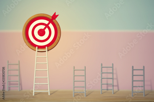 Goals concept: Longest white ladder and aiming high to goal target among other short ladders, depicts excellent performance and stands out from the crowd and thinks differently.