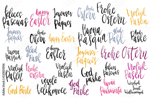 Easter celebration handwritten lettring phrase in various languages. Vector illustration set isolated on white. Translation: Happy Easter.