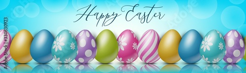 Happy Easter holiday banner or newsletter header. Colorful eggs on glass surface and blue background. Vector illustration with lettering.
