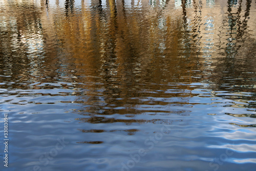 Water with small waves, reflection of the sky and trees.
