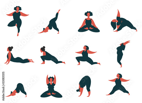 Hand drawn minimal vector illustration of cartoon women doing yoga various asana pose. Flat style icon character set isolated on white.