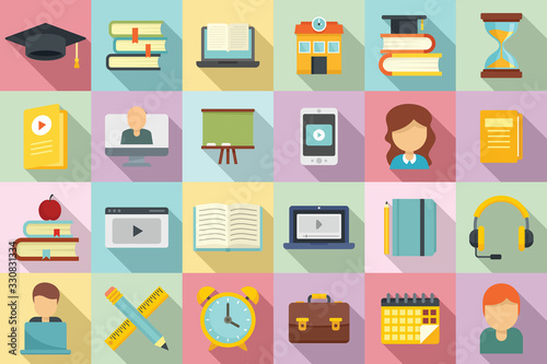 Tutor icons set. Flat set of tutor vector icons for web design