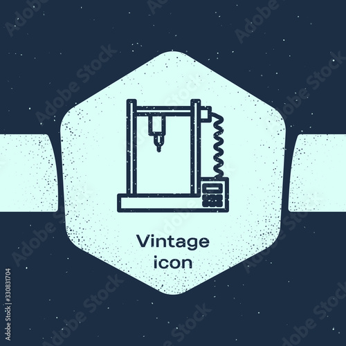 Grunge line 3D printer icon isolated on blue background. Monochrome vintage drawing. Vector Illustration