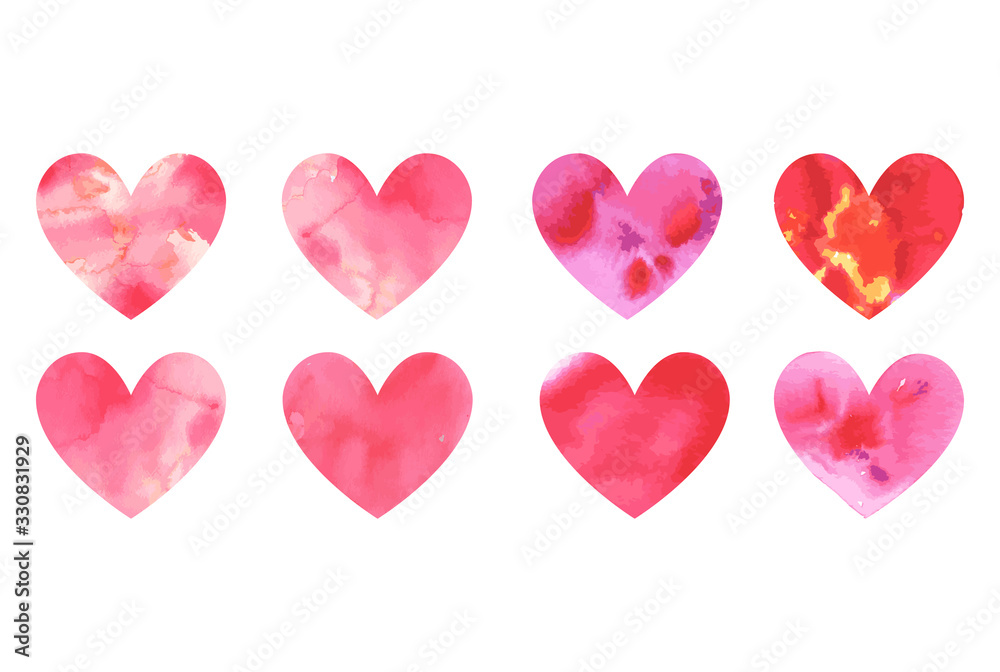 Set of vector watercolor hearts. Hand-drawn various red pink orange hearts isolated on white background. Wedding or Valentine s Day template. Love concept