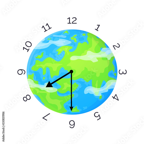 Earth Day concept. Planet with clock face and clock hands. Stock vector illustration isolated on white background in flat style.