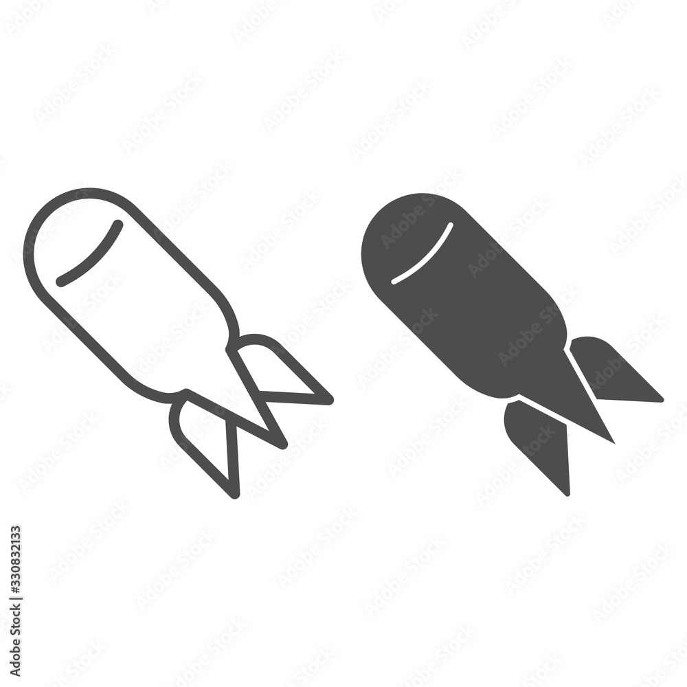 Nuclear bomb line and solid icon. Atomic ammunition, air rocket symbol