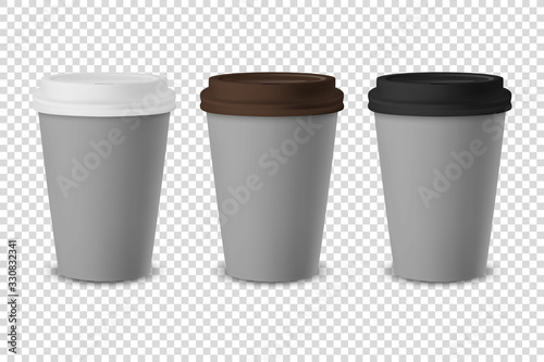 Vector 3d Gray Realistic Disposable Closed Paper, Plastic Coffee Cup for Drinks with White, Brown and Black Lid Set Closeup Isolated on Transparent Background. Design Template, Mockup. Front View