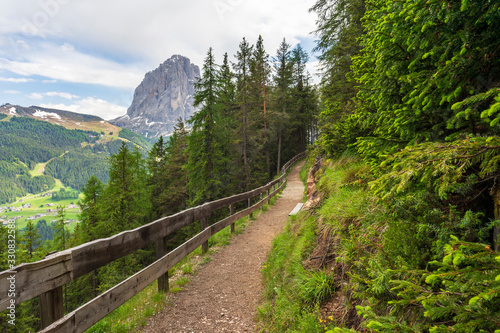 Empty mountain trail in the Dolomites. Valgardena. Italy.