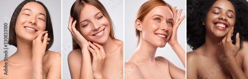 Obraz na plátně Happy diverse models touching clean skin