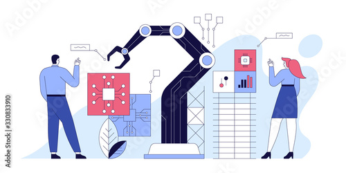 Engineers check and control automation robot arms