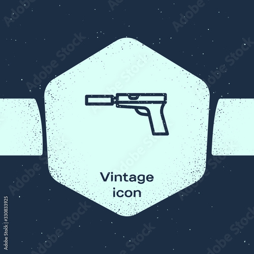 Grunge line Pistol or gun with silencer icon isolated on blue background. Monochrome vintage drawing. Vector Illustration