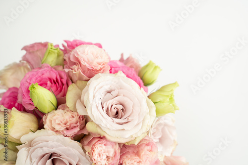 beautiful fresh rose floral flat lay floral background © IlzeLuceroPhoto