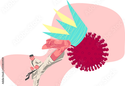 Concept illustration on struggle with virus, like coronavirus.  Karate guy with kick of the foot, sews the crown from macro virus enemy