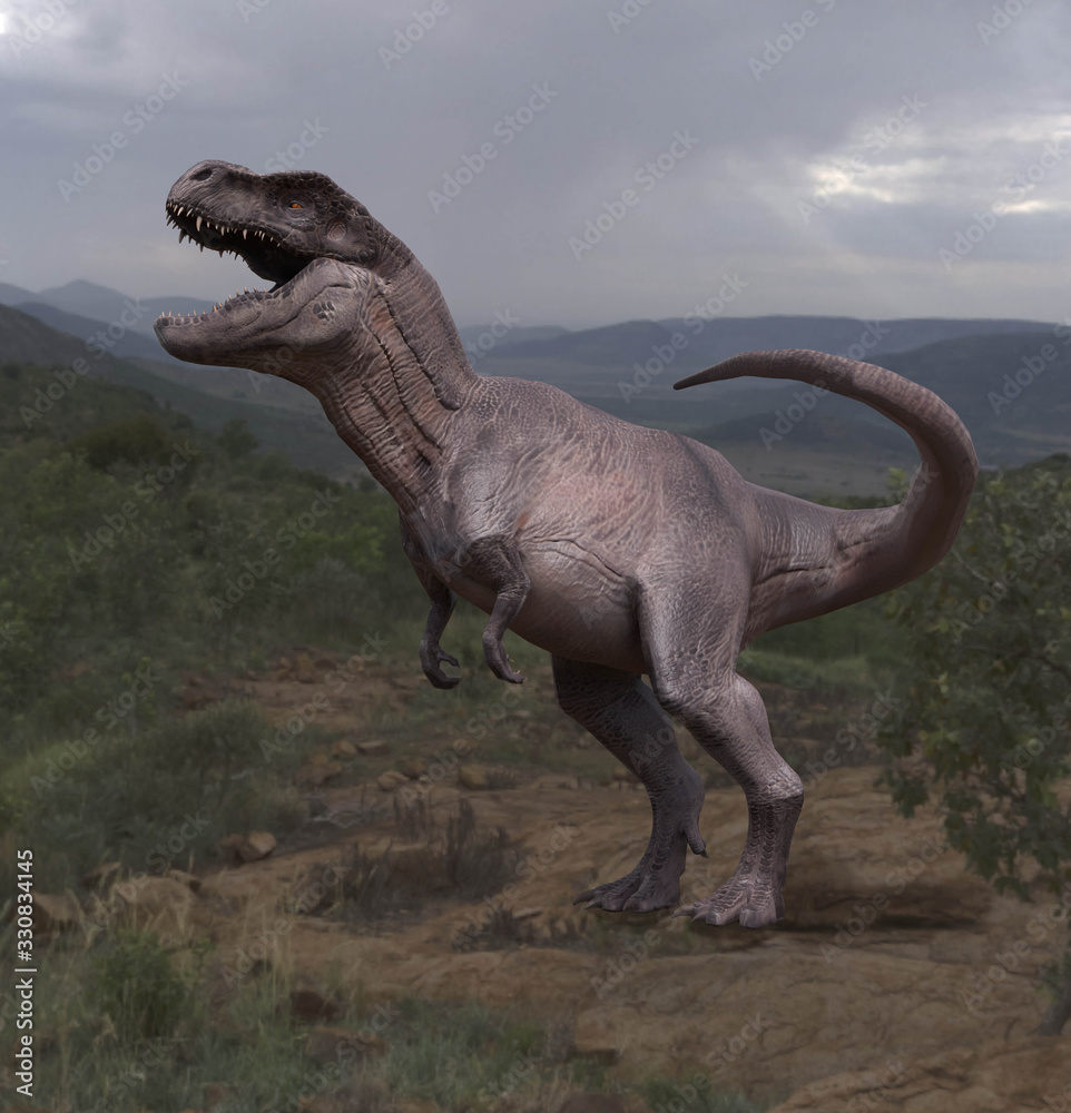 A hyper-realistic portrait from a Tyrannosaur  in the nature. 