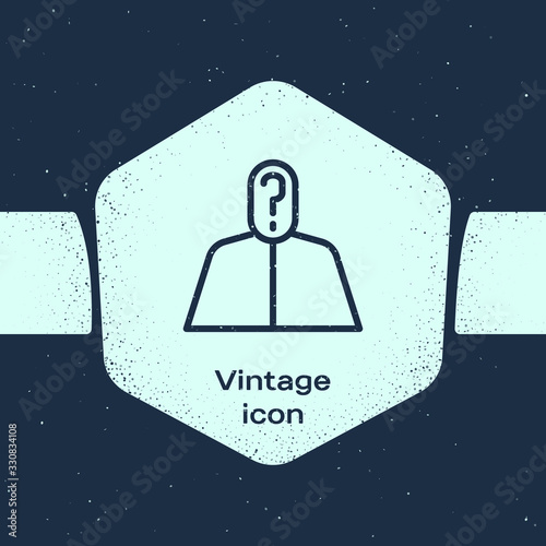 Grunge line Anonymous man with question mark icon isolated on blue background. Unknown user, incognito profile, business secrecy, obscurity. Monochrome vintage drawing. Vector Illustration