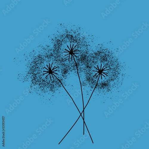 Three dandelions . Happy mother's day greeting card on blue background. Black blowball