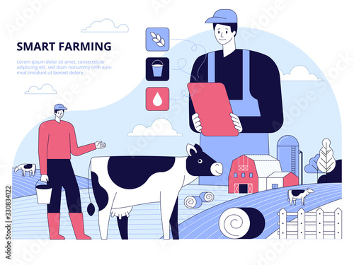 Farmer using tablet to monitor or control cow farm