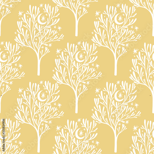 Nature seamless pattern background with forest trees, stars, moon.