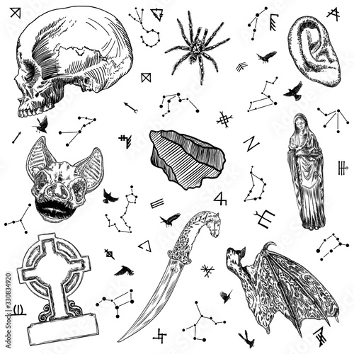 Occult mystic alchemy witchcraft elements set. Vampire bat, dragon wing, Saint Maria, baby Jesus, human skull, gravestone or tombstones grave, spider, crystal, human ear, sacrifice knife. Vector.