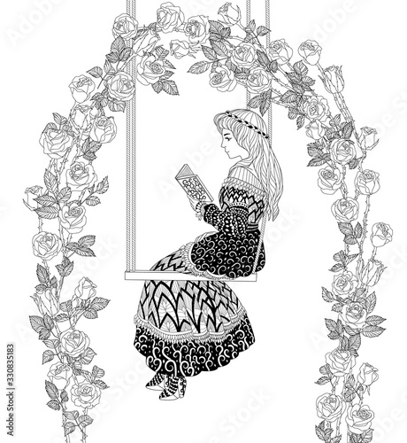 Coloring book for adults with beautiful medieval princess is sitting on a swing and reading a book