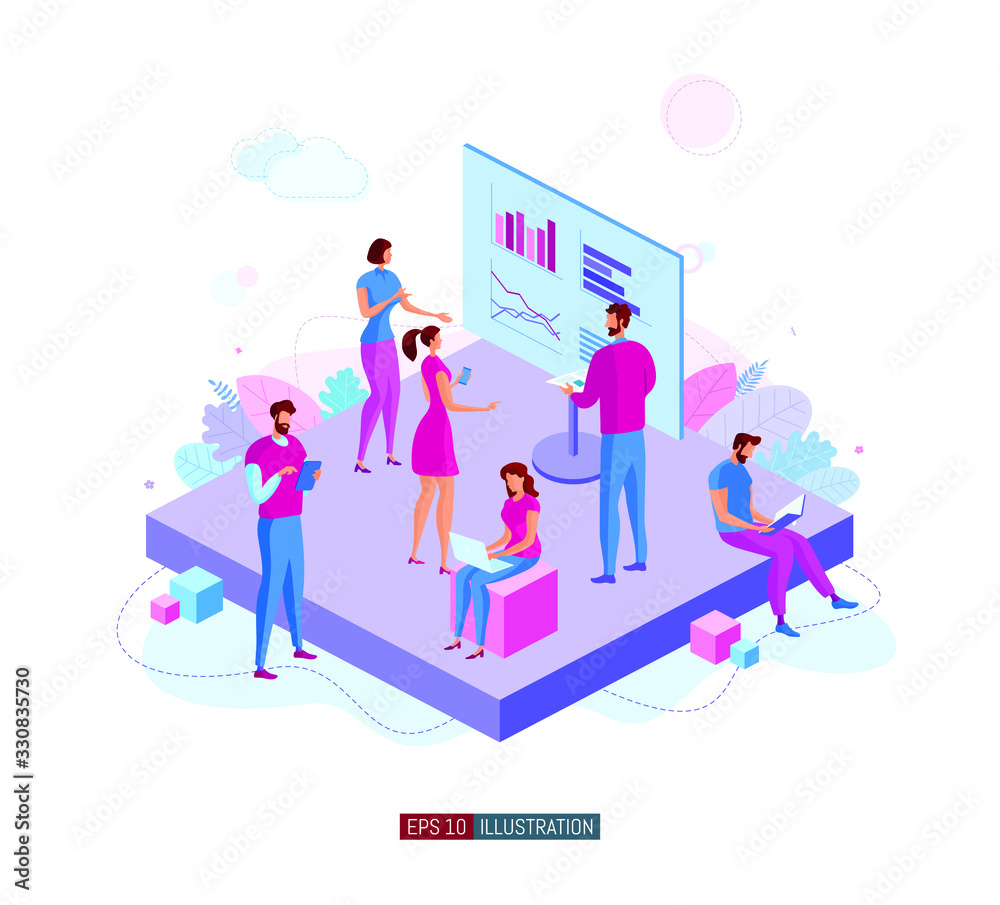 Trendy flat illustration. Office workers planing business mechanism, analyze business strategy and exchange ideas. Brief. Presentation. Training. Template for your design works. Vector graphics.