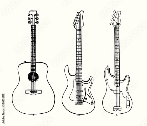 Guitars collection, acoustic, electro and bass guitar, hand drawn doodle gravure vintage style, sketch, outline vector illustration