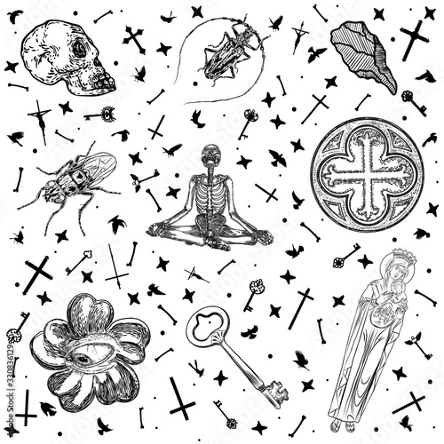 Occult medieval ancient book elements. Witchcraft occultism mystic alchemy symbols. Sacred craft art. Key, human skeleton and skull, eye, crystal, Maria with Jesus, fly. Vector.