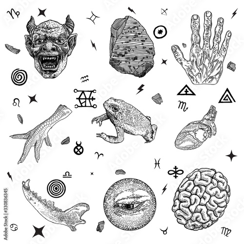 Occult alchemy symbols elements set. Human eye, anatomical heart, zombie hand, toad, chicken toes, all seeing eye,  and magic stone or crystal. Goat brain and jaw, demon or evil head. Vector.