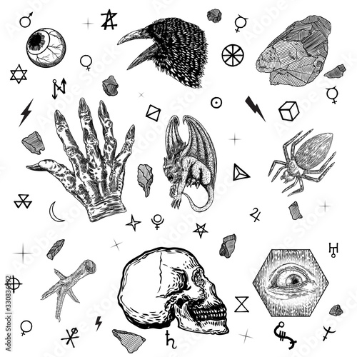 Occult alchemy set. Demonic gothic witch hand with long nails and veins. Raven, gargoyle, skull, providence eye, poison spider, magic crystal, chicken foot.  Witchcraft mystic fantasy occultism.Vector