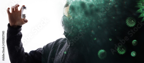 Double exposure portrait of male researcher with test tube with liquid in hand and abstract virus strain model of MERS-Cov. Man in protective medical mask, respirator and glasses. Healthcare concept.