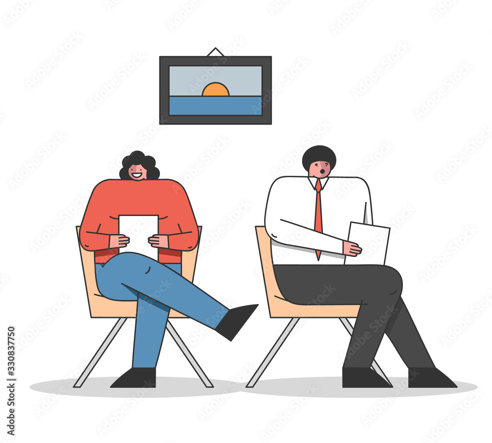 Concept Of Human Resources And and Job Vacancy. Vacant Place In Office. Man And Woman Are Waiting For Job Interview In The Office Holding CV. Cartoon Linear Outline Flat Style. Vector Illustration Concept Of Human Resources And and Job Vacancy. Vacant Place In Office. Man And Woman Are Waiting For Job Interview In The Office Holding CV. Cartoon Linear Outline Flat Style. Vector Illustration
