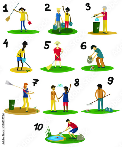 People of different ages and different races. Blacks, Europeans, Asians, Spaniards and Arabs clean up in the park, in nature. Pickled in a flat style in vector. Each character is isolated.