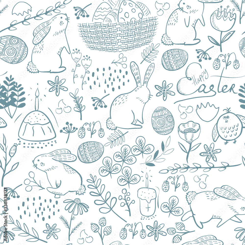 Seamless Easter pattern with eggs, chicken, rabbit and flowers.