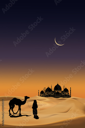 Arab people with camels caravan riding in realistic desert sands. Caravan Muslim ride camel to mosque. Ramadan Kareem concept. Vertical desert  with sand dunes and crescent moon at dark night