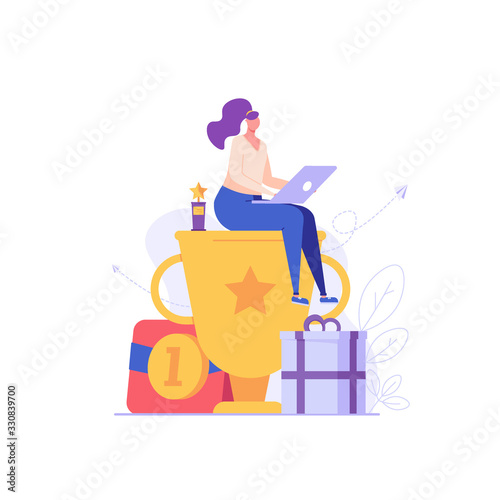 Woman sitting and holding winner cup. Reward program and receiving rewards. Concept of earn reward loyalty, bonus, business award. Vector illustration for UI, mobile app