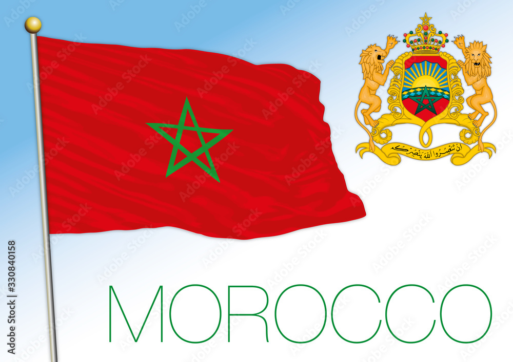Morocco official national flag and coat of arms, north african country