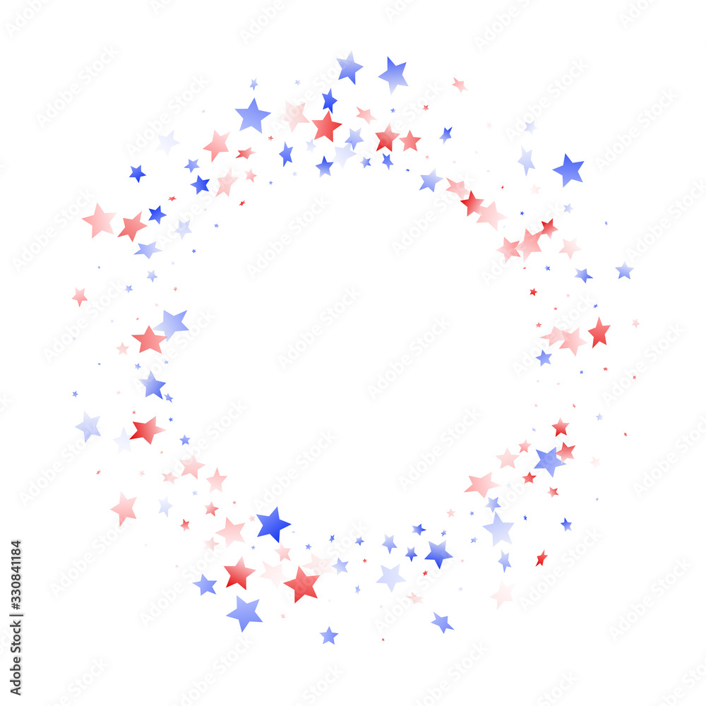 Flying red blue white star sparkles on white vector american patriotic background.