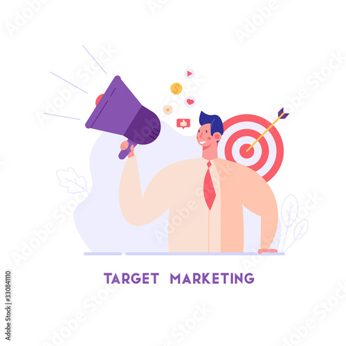 PR manager attracting customers with megaphone. Concept of PR, targeting, marketing. Successful work in Internet. The concept of journalism, target marketing, online advertising in flat design