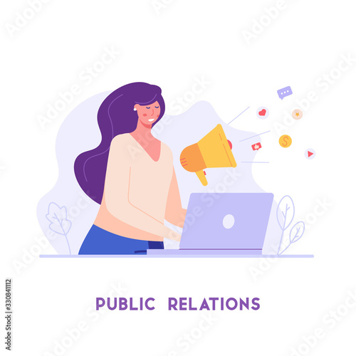 PR manager attracting customers with megaphone. Concept of PR, targeting, marketing. Successful work in Internet. The concept of journalism, target marketing, online advertising in flat design