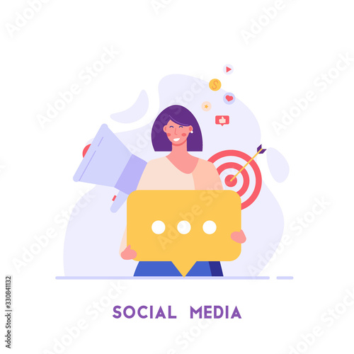 PR manager attracting customers with megaphone. Concept of PR, targeting, marketing. Successful work in Internet. The concept of journalism, target marketing, online advertising in flat design