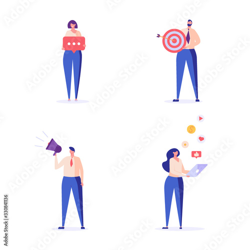 People are engaged in PR, targeting, marketing. Successful work on the Internet and office. The concept of journalism, advertising, online advertising in flat design